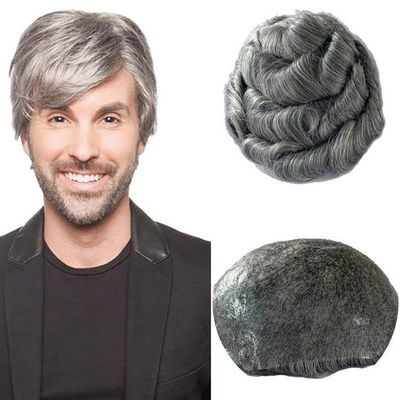 Straight Mens Toupee Human Hair Real wigs 100% Grey Full PU Thin Skin